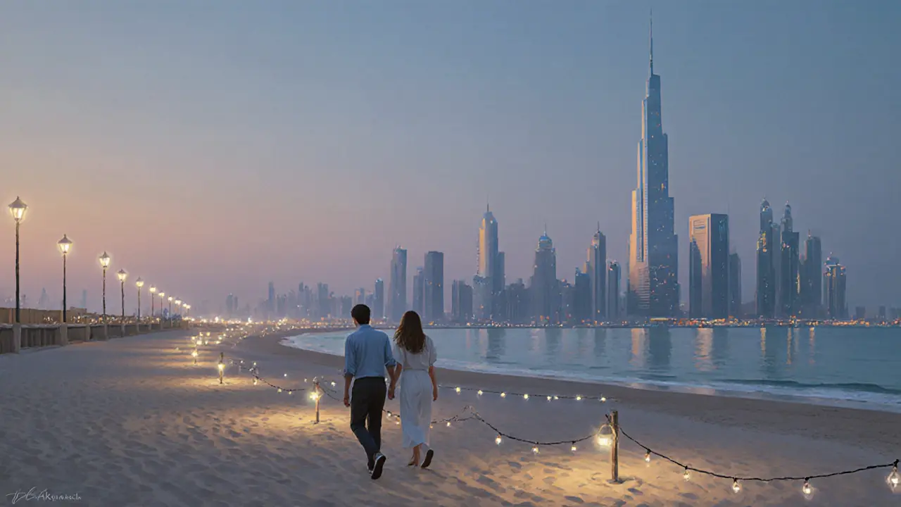 A calm evening walk along La Mer Beach with the Dubai skyline reflected in the water.