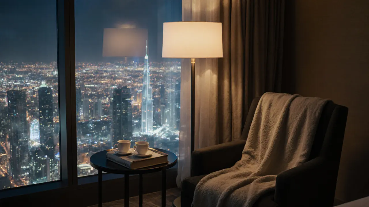 A peaceful hotel suite with teacups and a blanket, hinting at a meaningful, quiet moment.