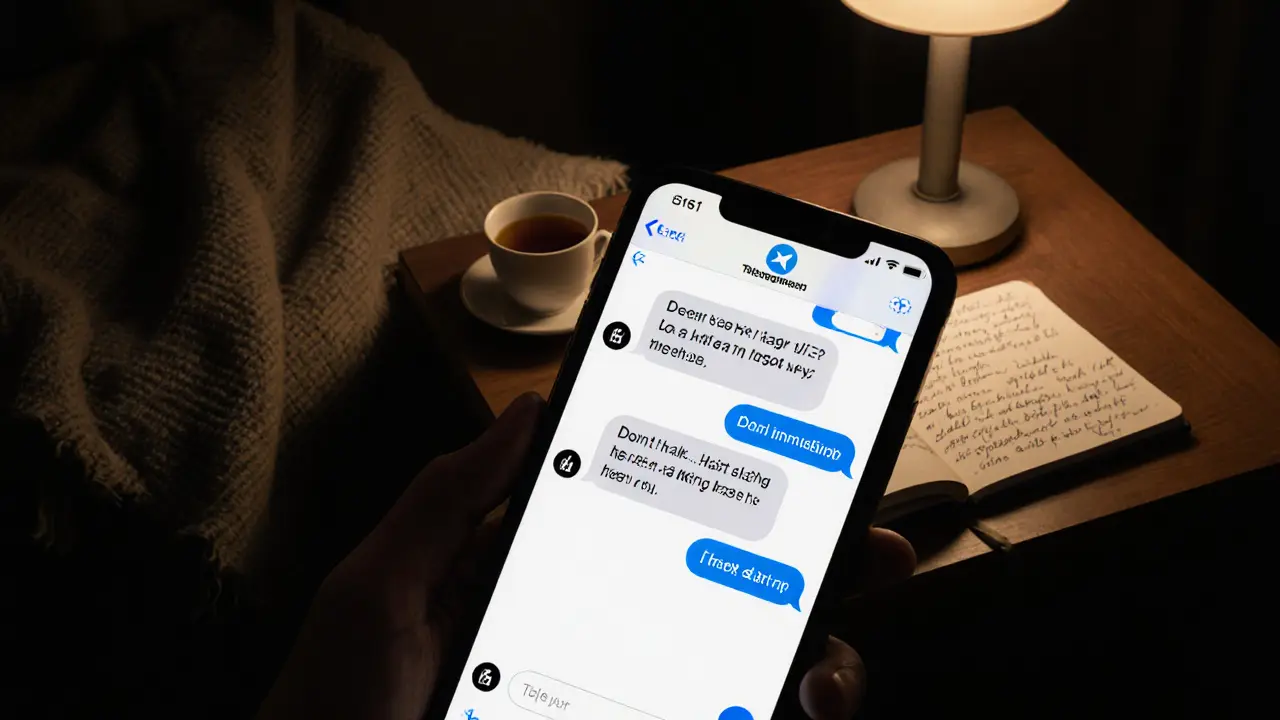 A smartphone showing an encrypted message warning about a dangerous client, in a cozy home setting.