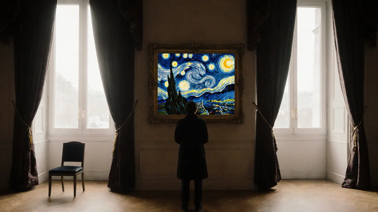 A solitary figure stands before Van Gogh's painting in the empty Musée d'Orsay, morning light casting a serene glow.