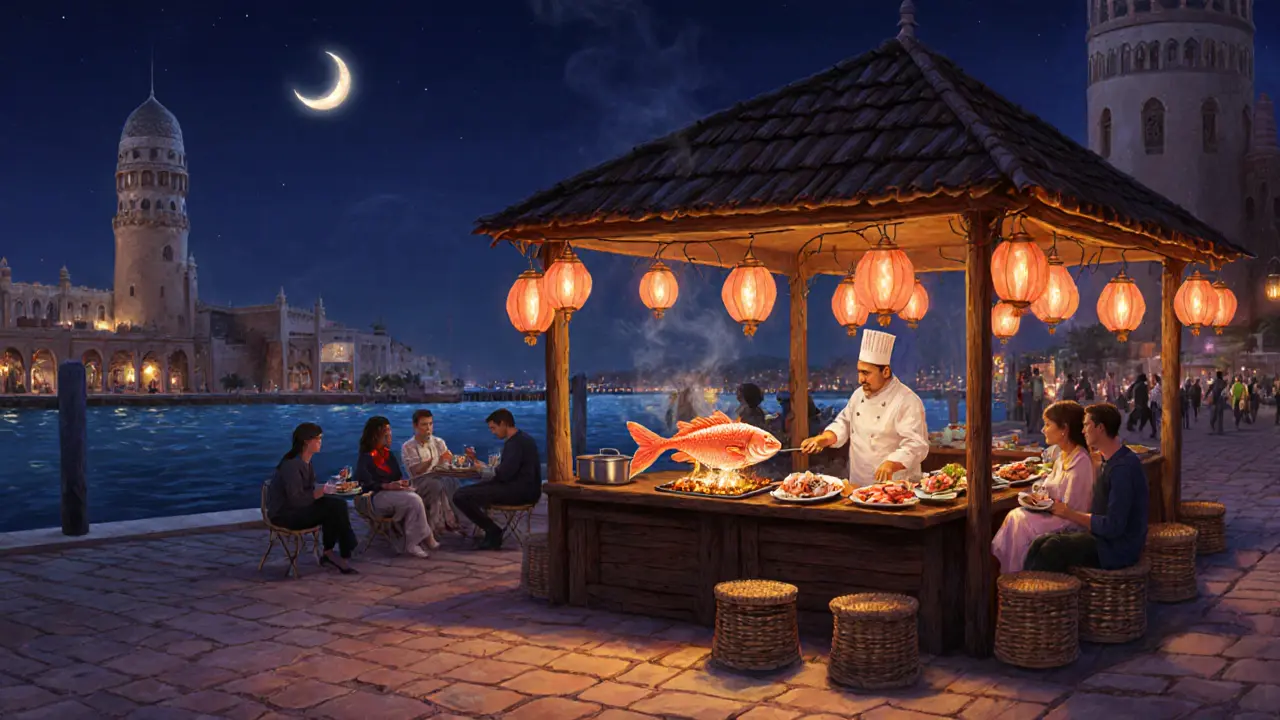 Al Seef promenade at midnight with a fish grill, lanterns, and people enjoying grilled fish by the creek.