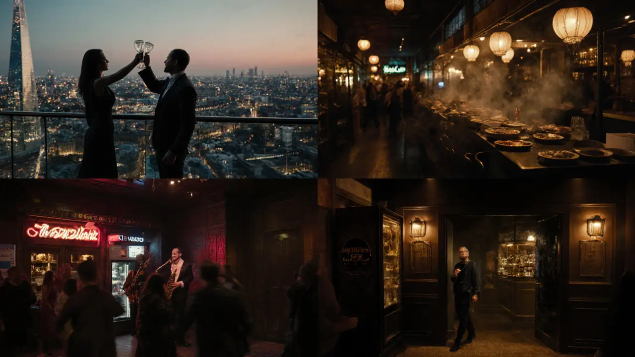Cinematic collage of a rooftop cocktail, market stalls, live jazz, dance floor, and hidden speakeasy.