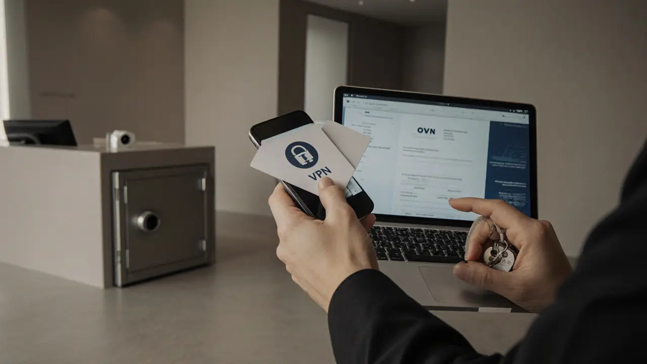Close‑up of a key‑card, phone with VPN icon, and digital invoice in a minimalist hotel lobby.