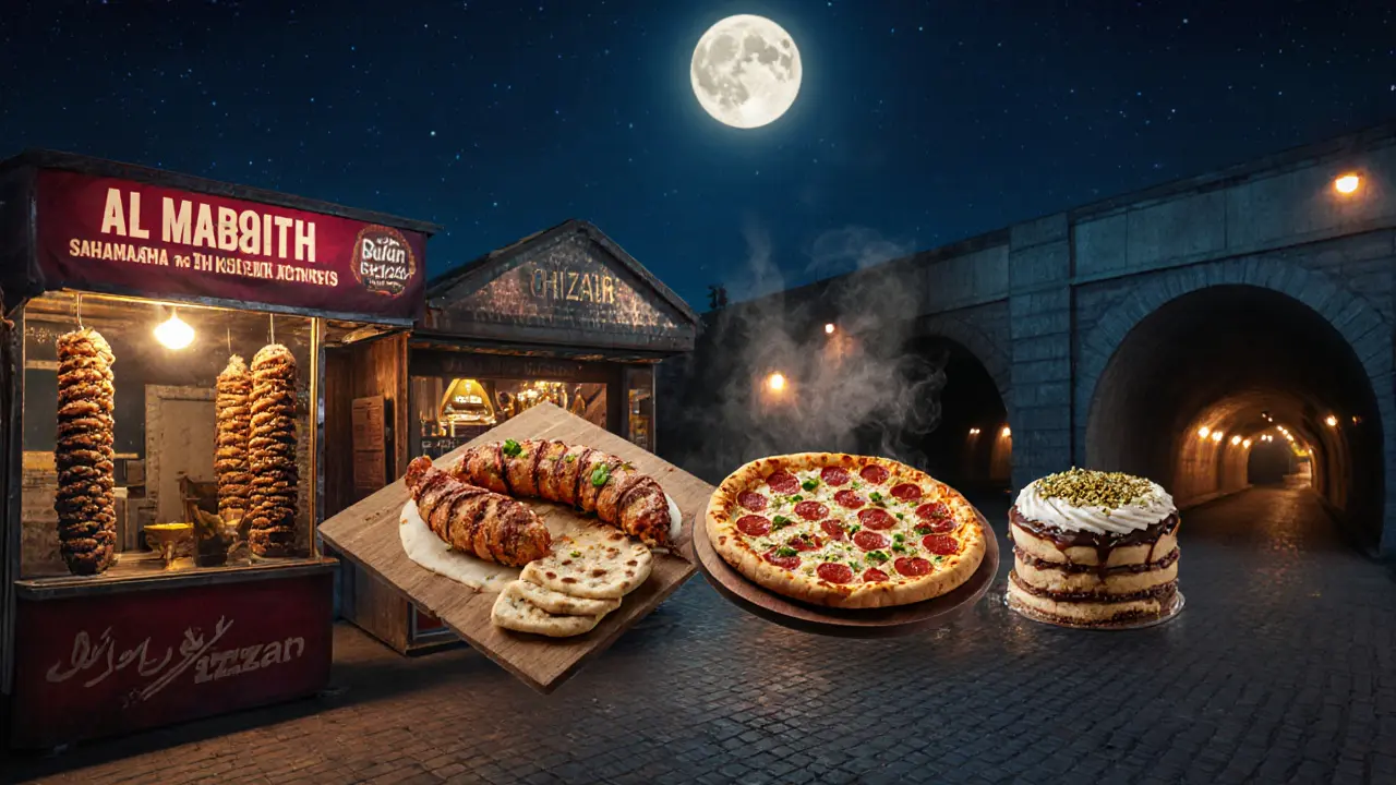 Collage of late‑night Dubai food spots: shawarma, fish, butter chicken, pizza slice, and dessert.