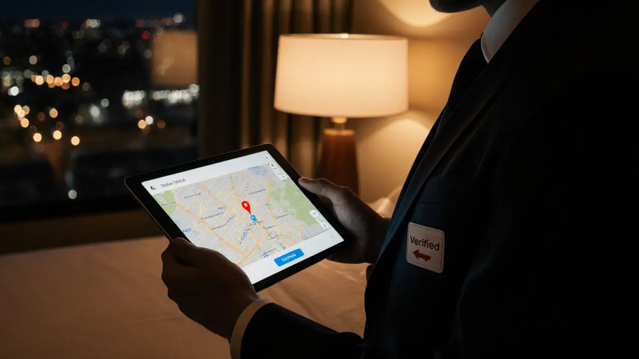 Companion holding tablet with location map and emergency button in hotel suite.
