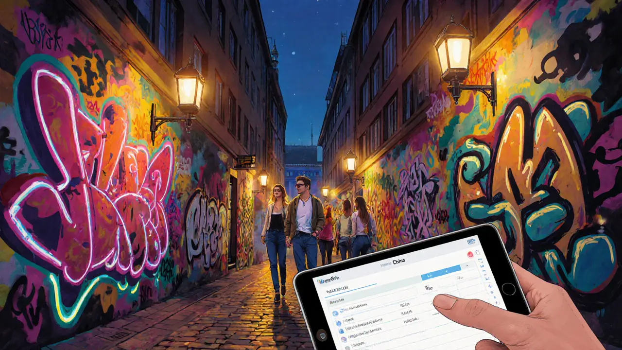 Companion leading a group on an art‑walk through illuminated Berlin murals.