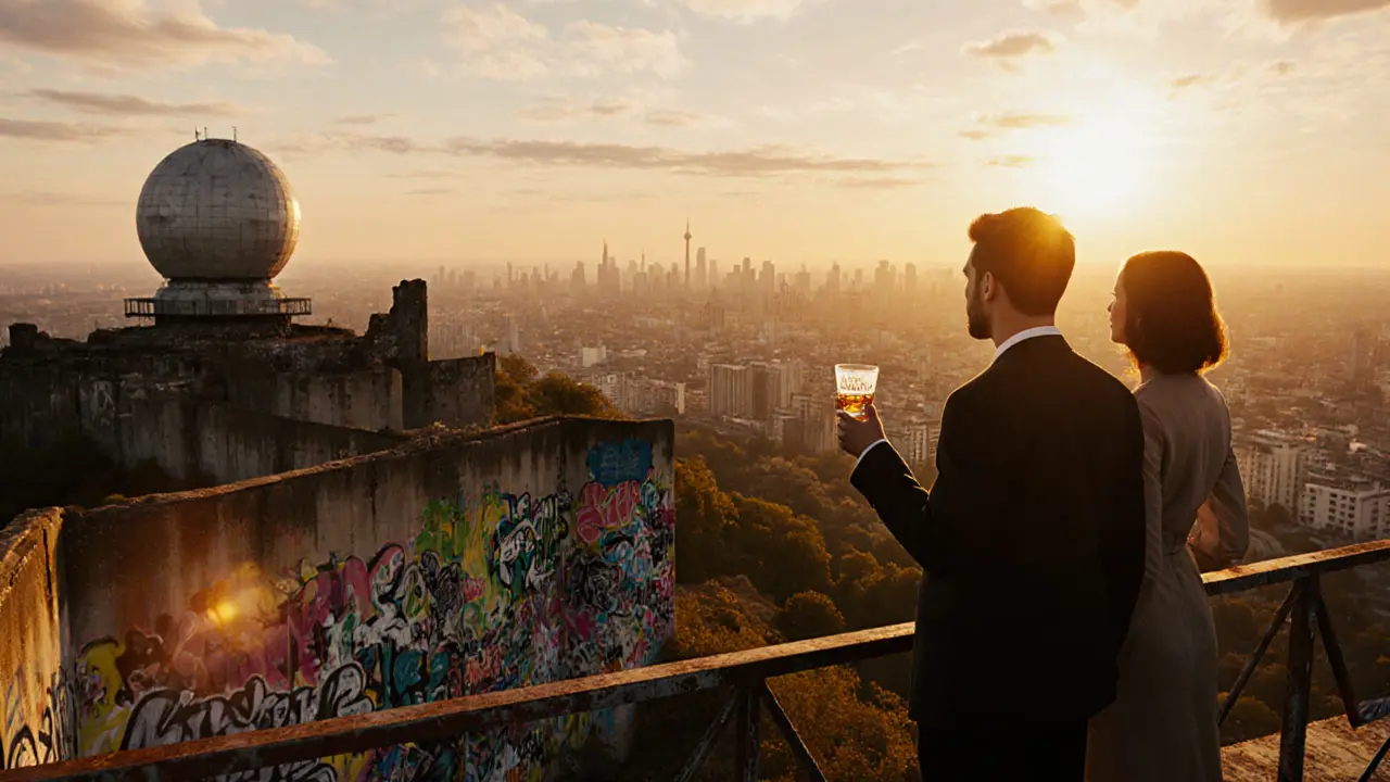 Couple at Teufelsberg sunrise, sipping whisky with city backdrop.