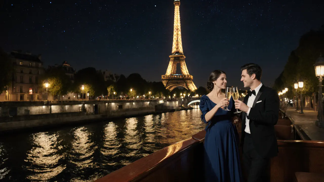 Couple toasting on a Seine cruise with the illuminated Eiffel Tower at night.