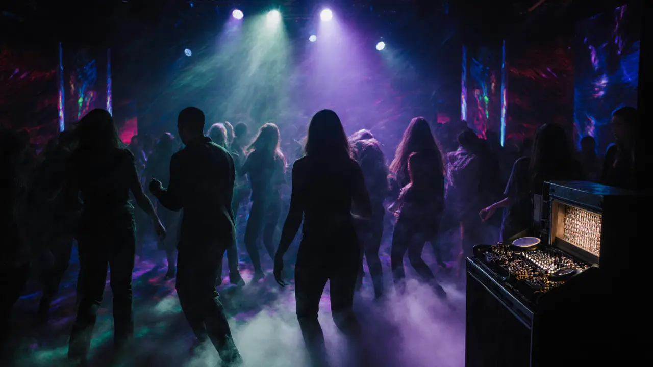 Dark nightclub with dynamic colored lights pulsing to music, silhouetted crowd dancing, immersive atmosphere.