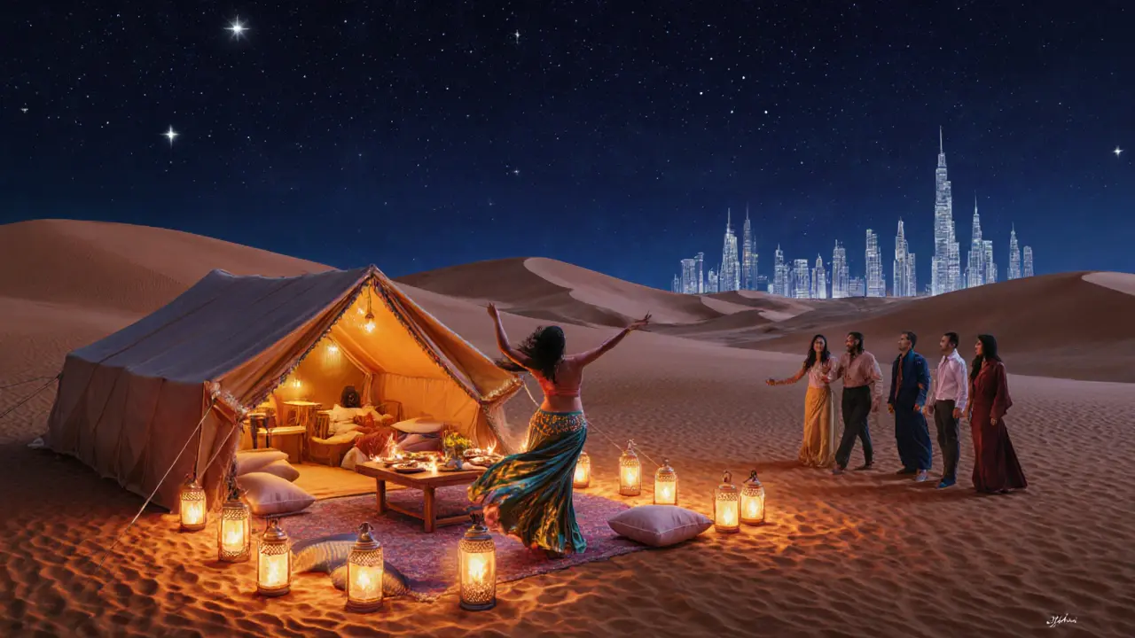Desert safari night with lantern-lit Bedouin camp, dancers, and distant city lights.