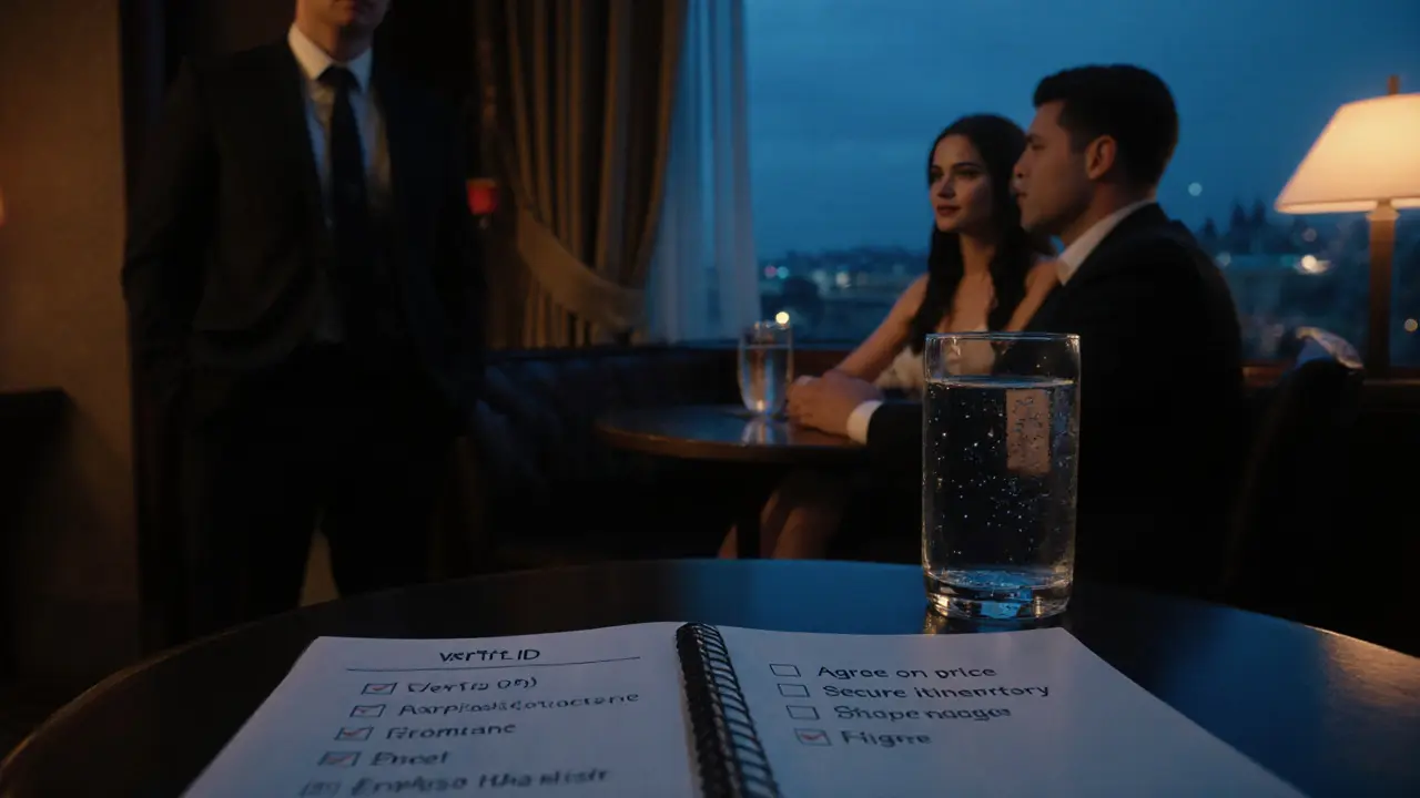 Dimly lit hotel lounge with a couple at a table and a safety checklist visible.