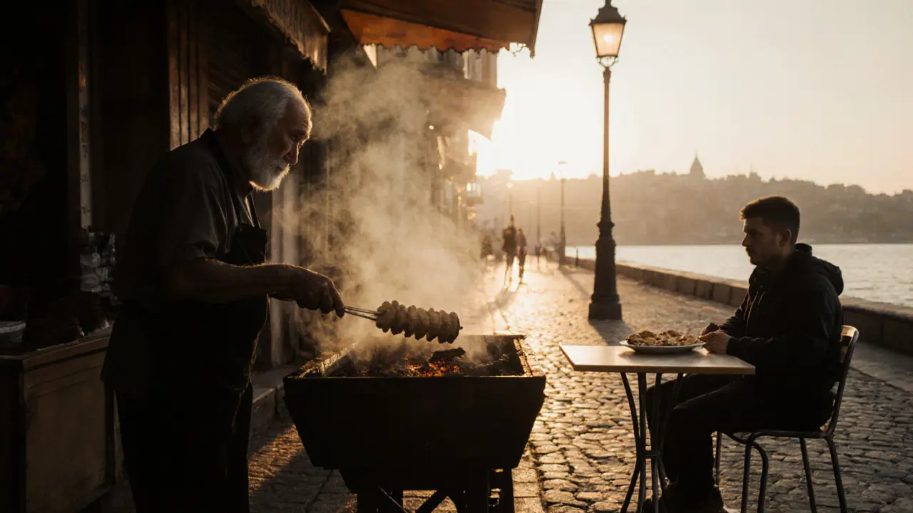 Elderly man grilling kebabs at dawn near Eminönü, sunrise reflecting on the Bosphorus.