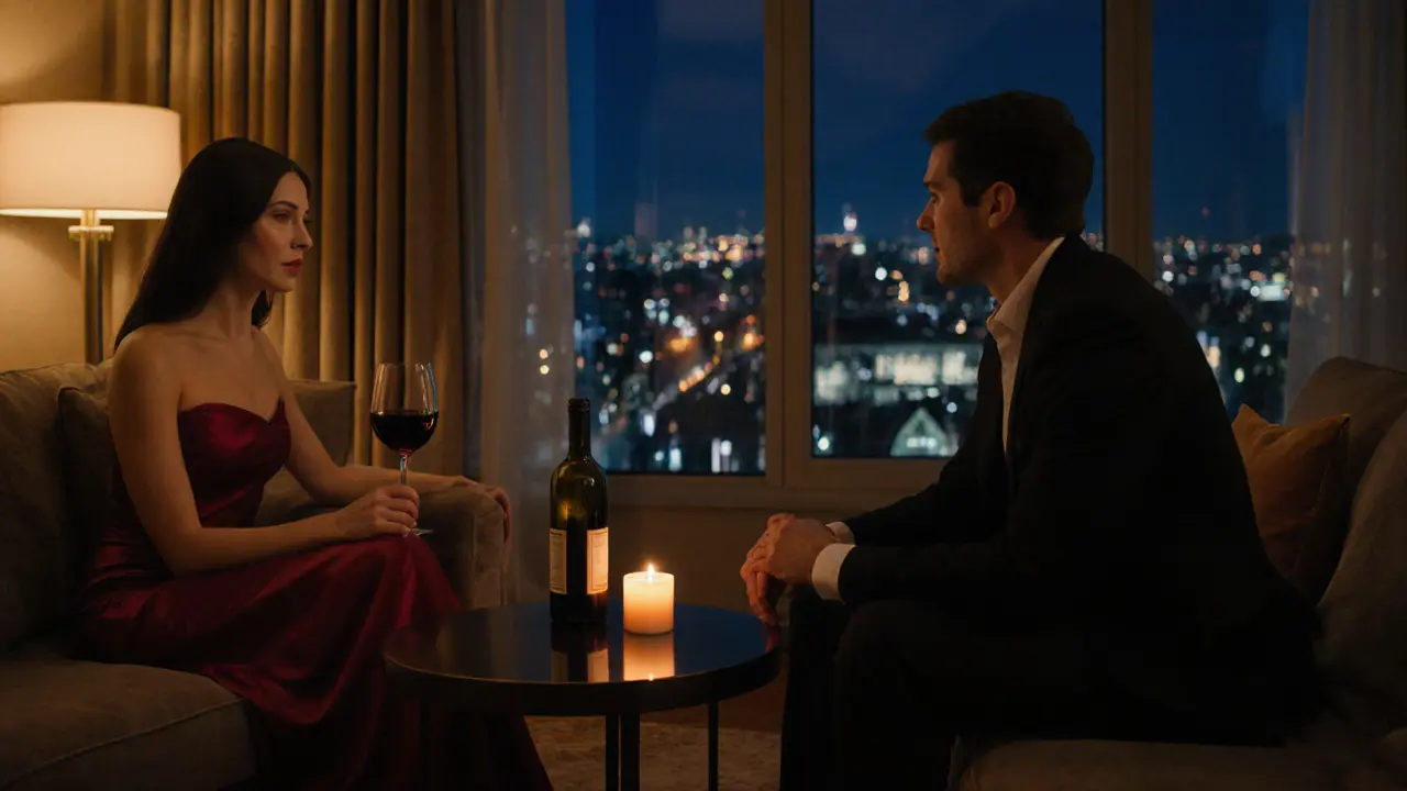 Elegant escort and client enjoy wine and intimate conversation in a Berlin hotel suite.