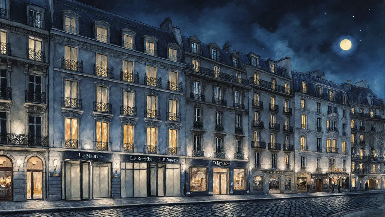 Elegant Paris hotel facades with subtle privacy features lined along a moonlit street.
