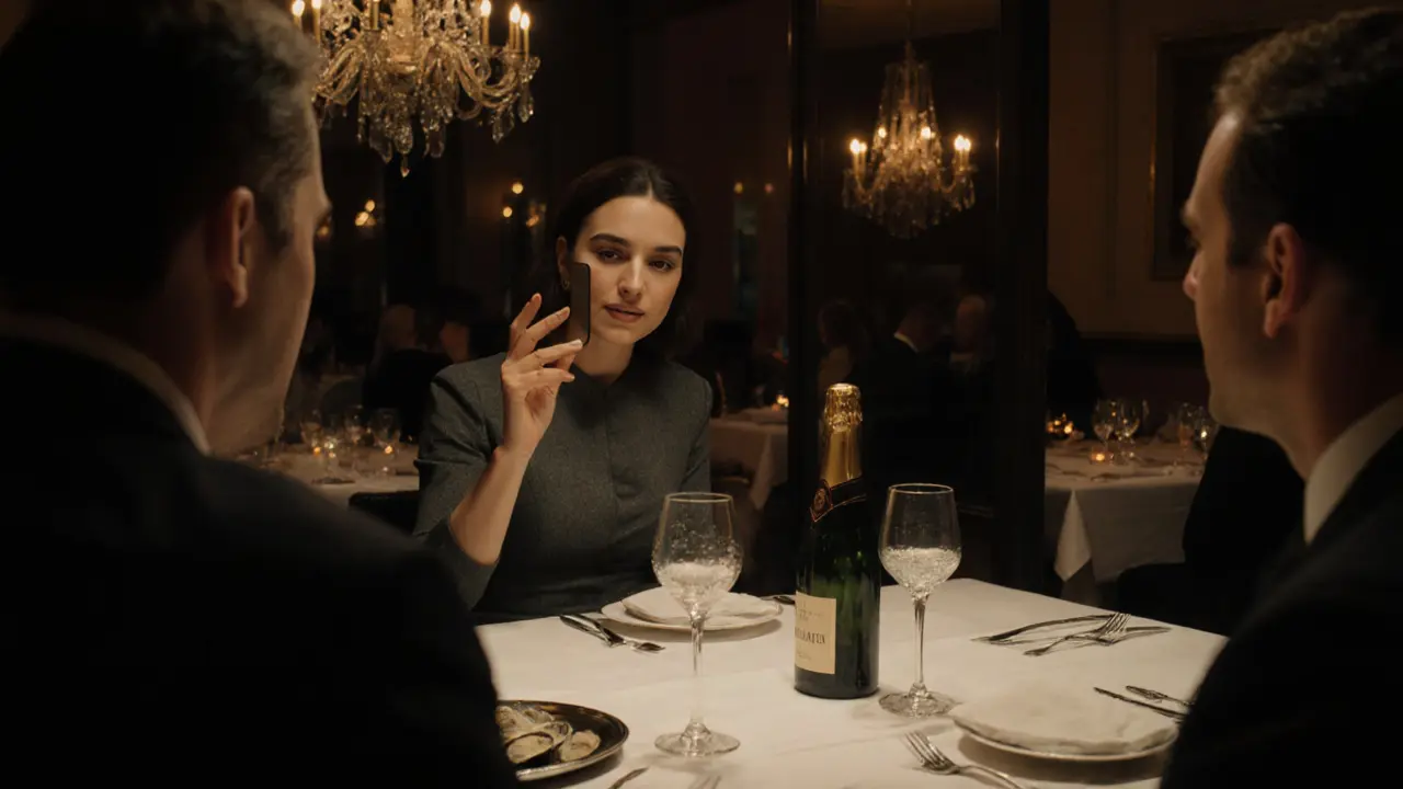 Escort and client sharing champagne in a refined restaurant setting.