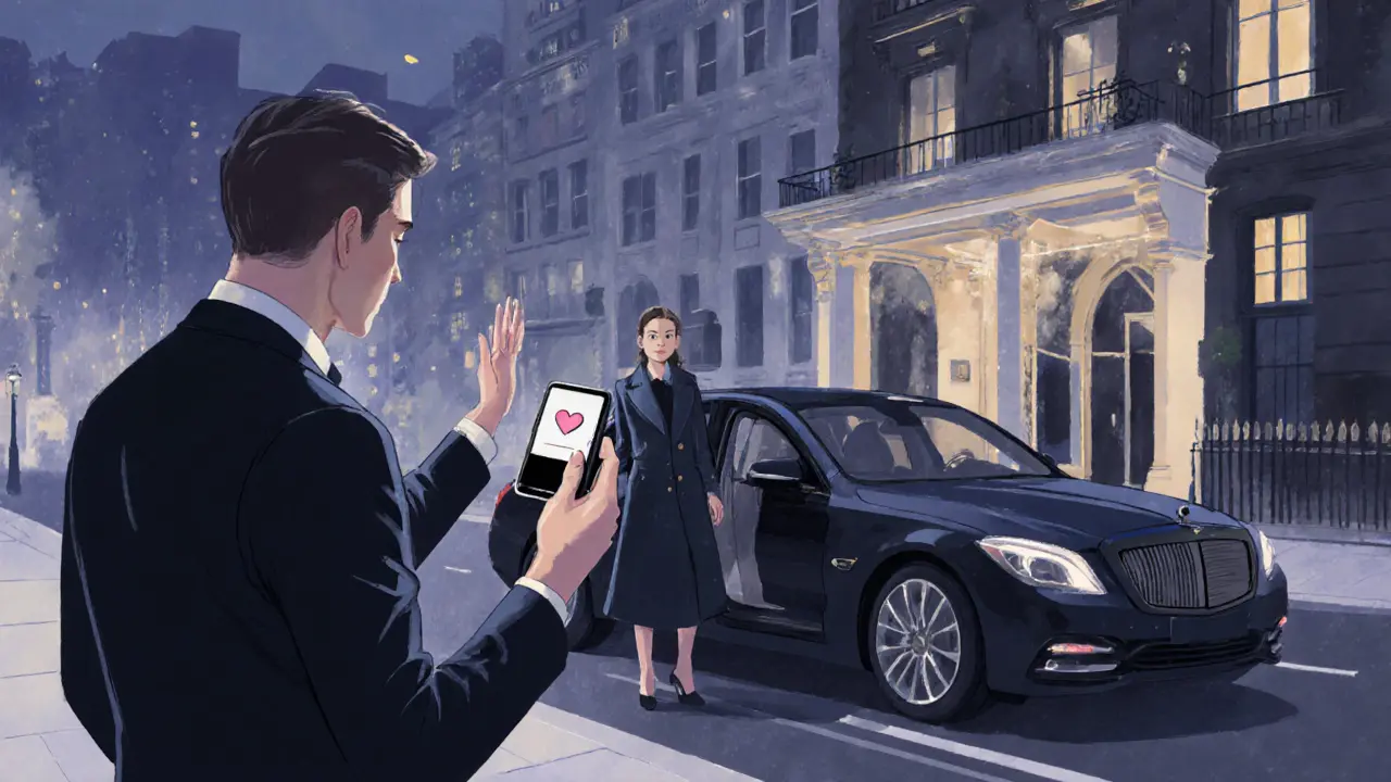 Escort exiting a private car at a hotel night, with gentleman holding phone showing gratitude.