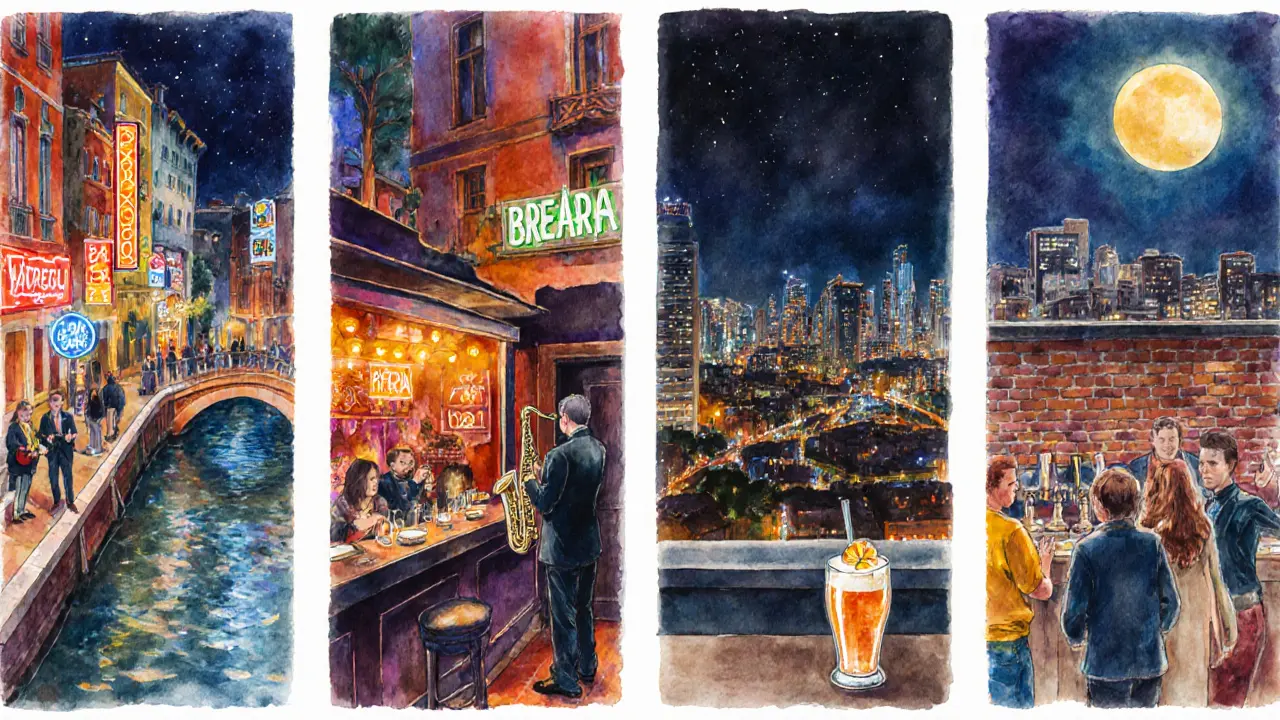 Four Milan nightlife neighborhoods illustrated: Navigli canals, Brera jazz club, Porta Romana rooftop, Isola beer bar.