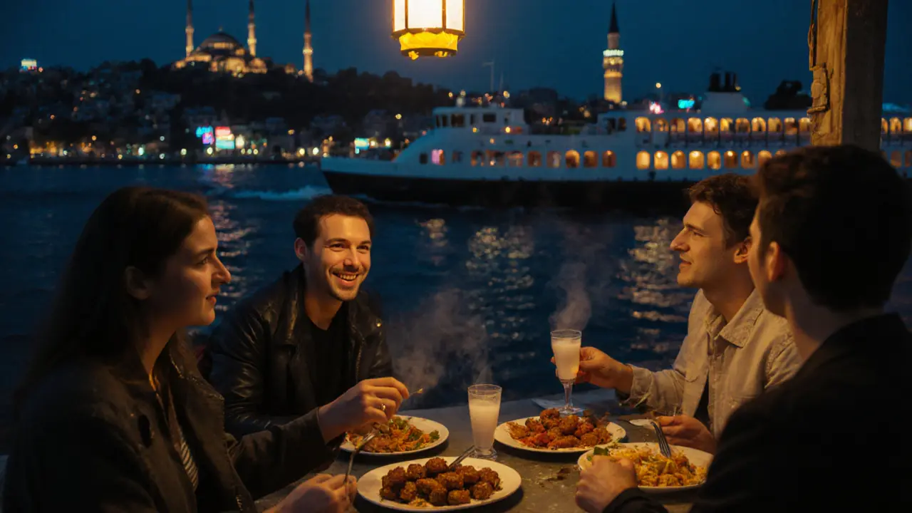 Friends eating köfte at a lantern‑lit stall while a ferry crosses the illuminated Bosphorus.