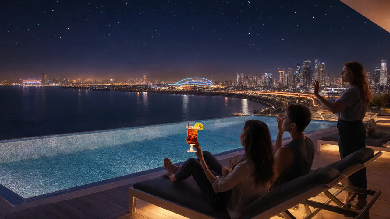 Friends enjoying cocktails on Yas Viceroy rooftop lounge with city and Gulf lights at night.