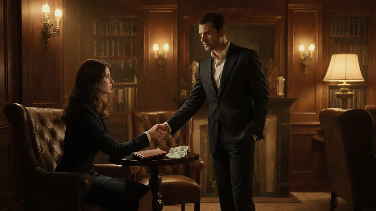 Gentleman greeting escort with handshake in an intimate, upscale London bar.