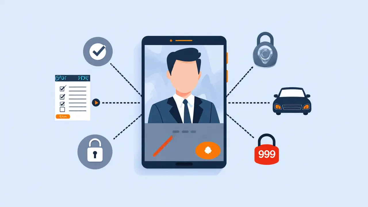 Illustration showing a phone video call and icons for safety steps like itinerary and emergency number.