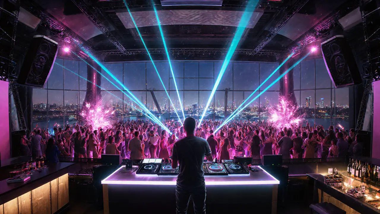 Inside White Dubai club with DJ, laser lights, and marina view through glass walls.