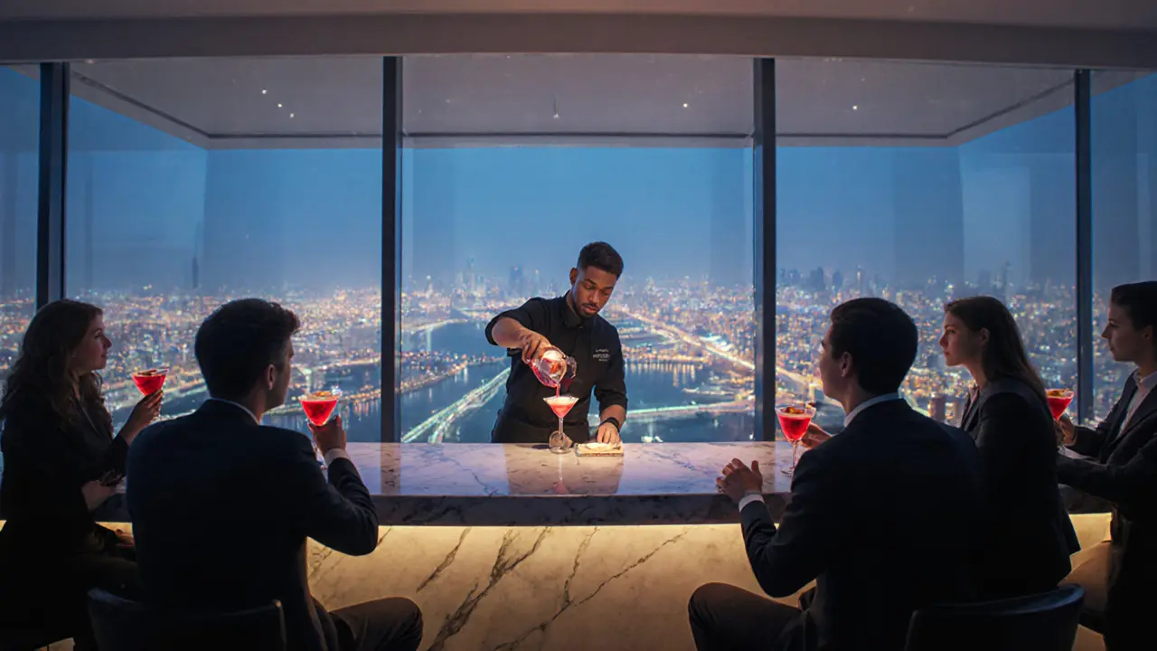 Interior of Sky on 30 rooftop bar showing a bartender serving a red Desert Mirage cocktail.