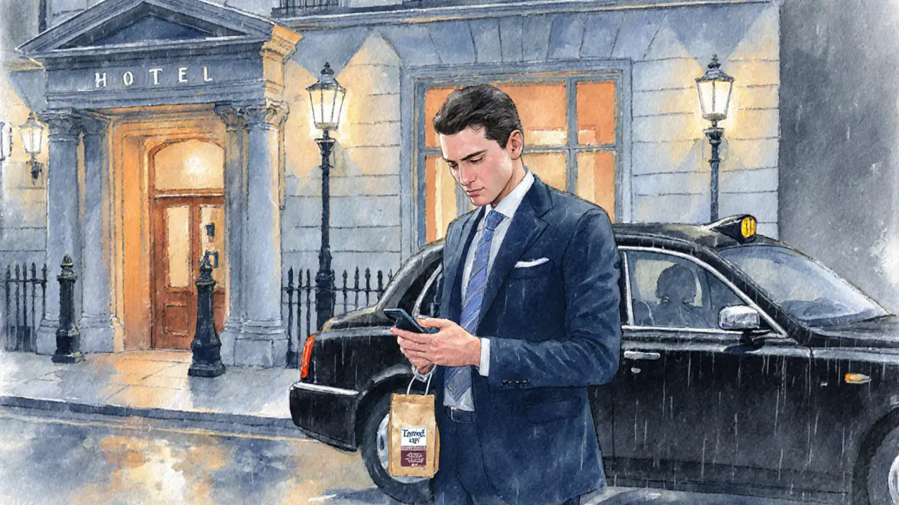 Man on rainy London street outside a hotel, texting a thank‑you, cab nearby.