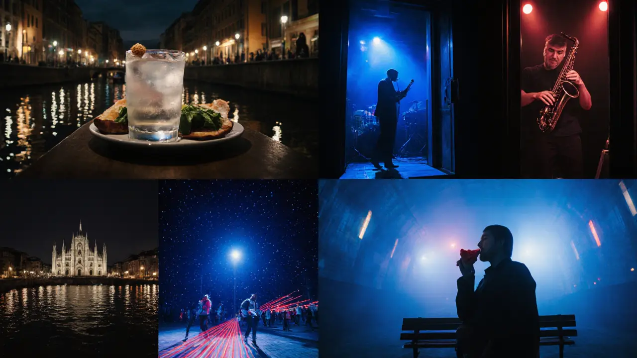 Night-to-dawn itinerary: aperitivo, canal walk, jazz, rooftop, club, pizza.