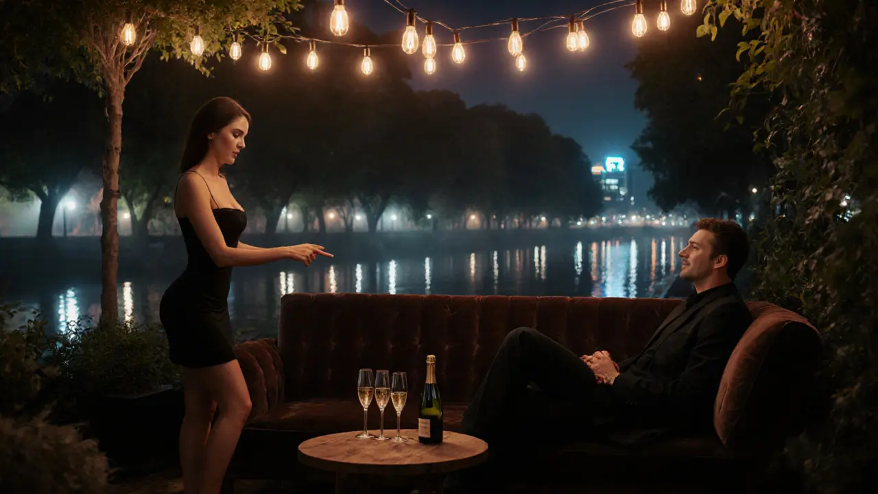 Nighttime private lounge at Club Sisyphos with champagne and city lights.