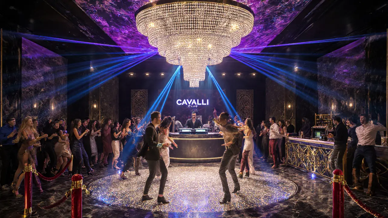Opulent Cavalli Club interior with laser lights, DJ, and dancing crowd.