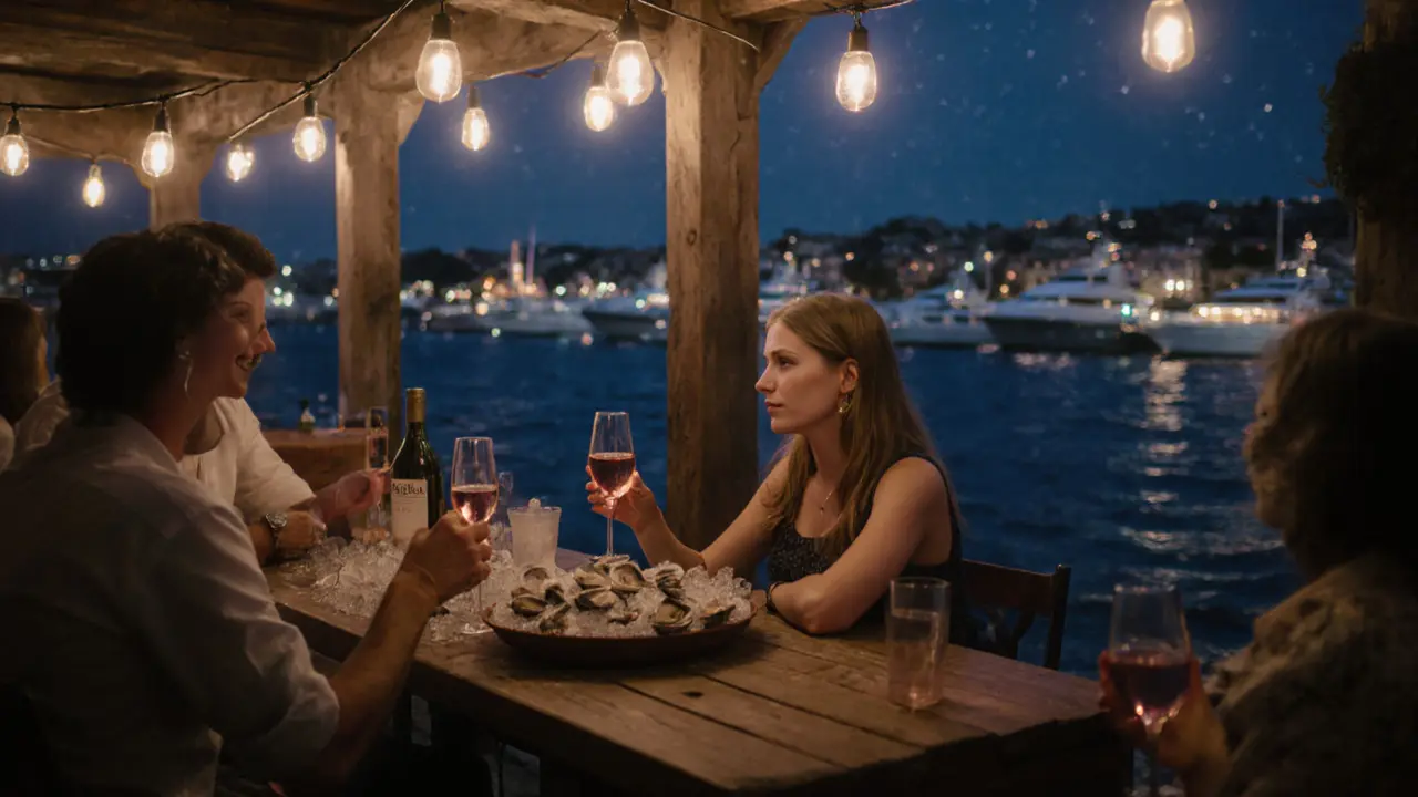 Quiet harbor bar at night, people sipping rosé by the water, yachts glowing softly in the distance.