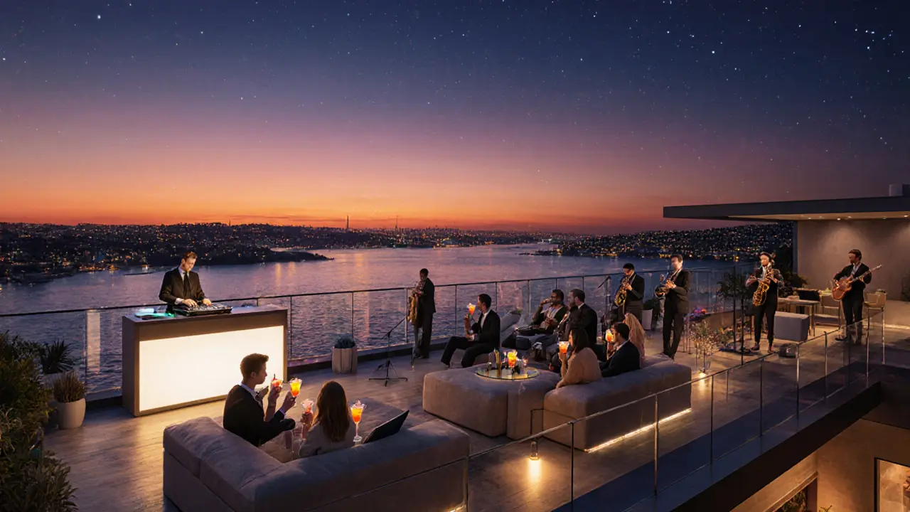 Rooftop bar at 360 Istanbul with crowds, DJ, jazz trio, and sunset over the Bosphorus.