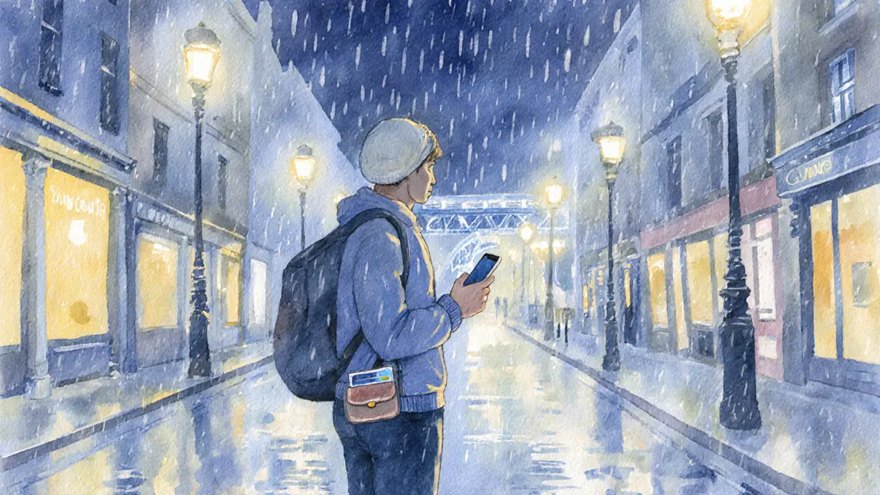 Solo explorer holding a phone and wallet on a well‑lit London street with street lamps.