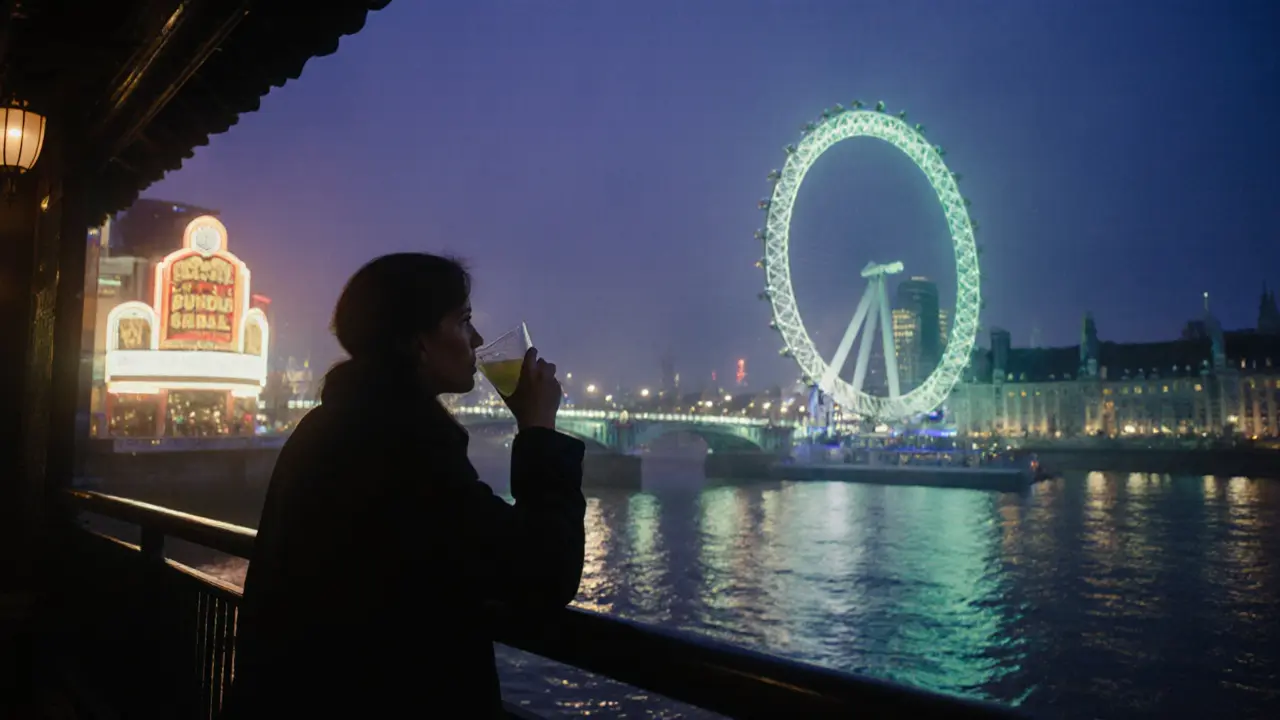 Solo traveler at a riverside bar sipping a drink while the London Eye shines over the Thames.