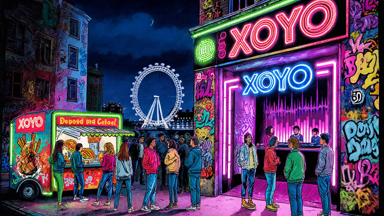 Street‑art illustration of Shoreditch at night with food trucks, graffiti, and a vibrant club entrance.