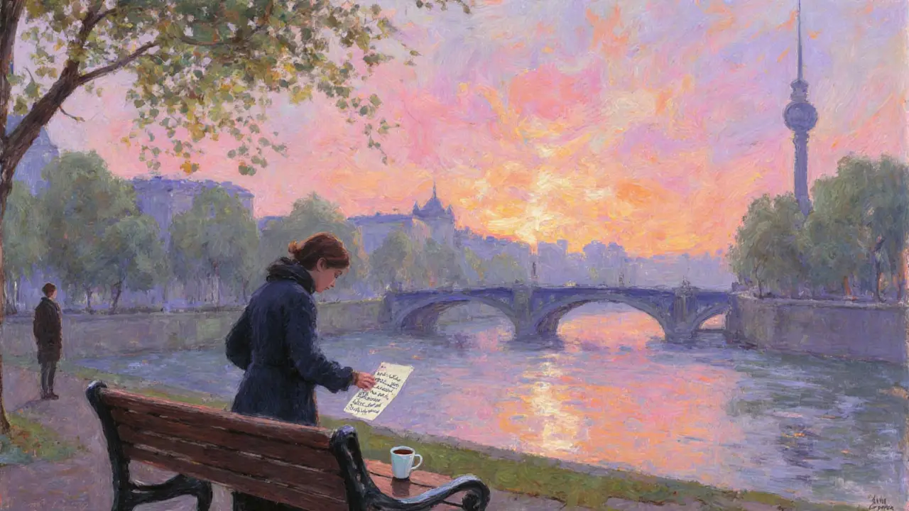 Sunrise by the Spree with a handwritten note left on a bench, evoking a tender farewell.