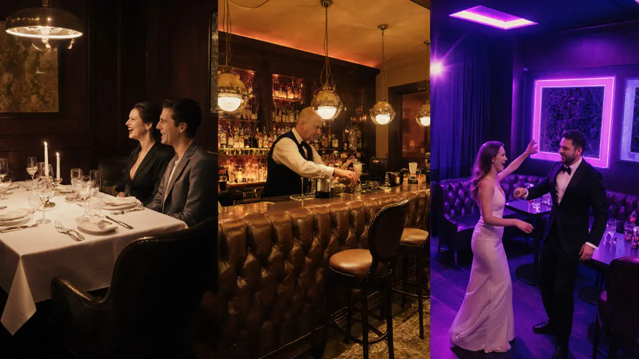 Three scenes: fine dining, hotel bar cocktails, and exclusive club dancing in one image.