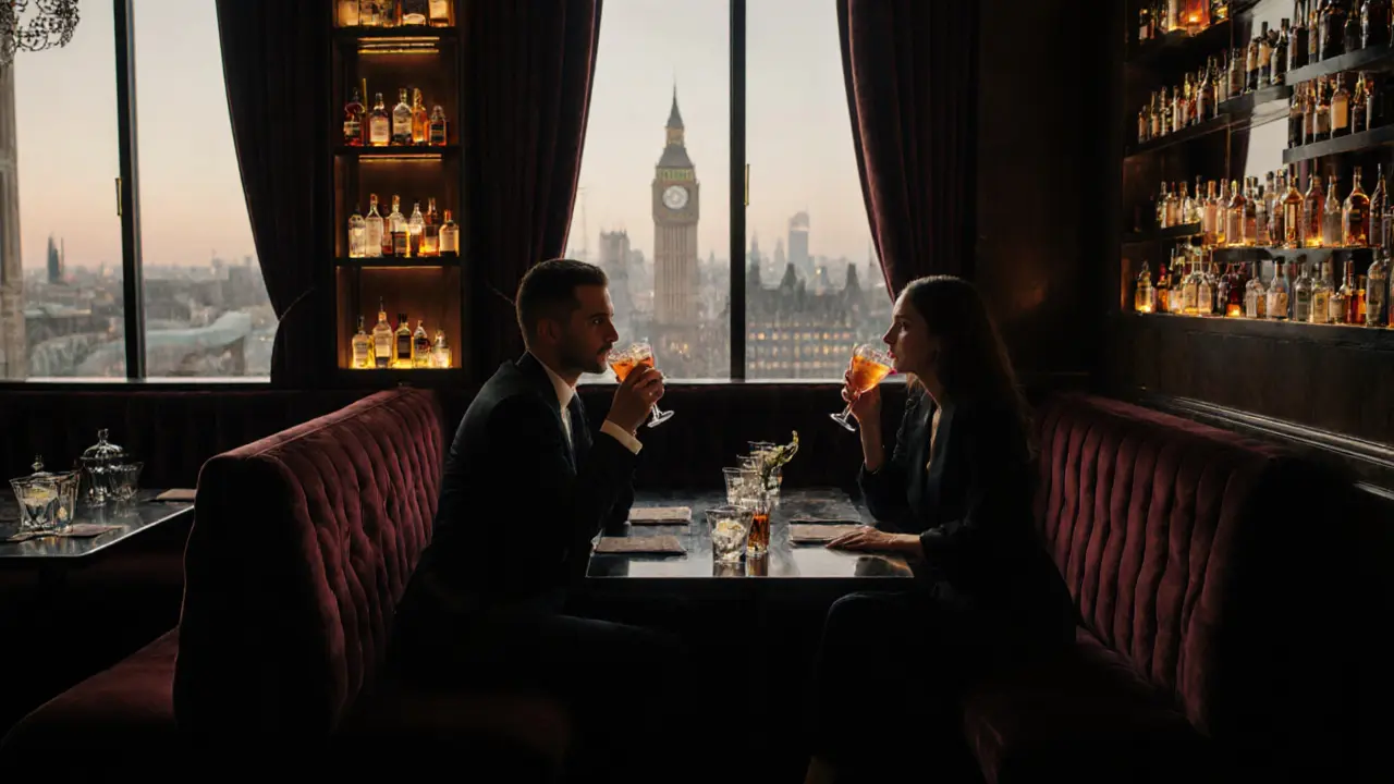 Two people in a cozy bar booth in London, enjoying cocktails with city lights visible outside.