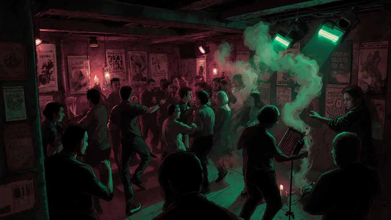 Underground club with crowd dancing to Turkish techno and folk music in dim neon light.