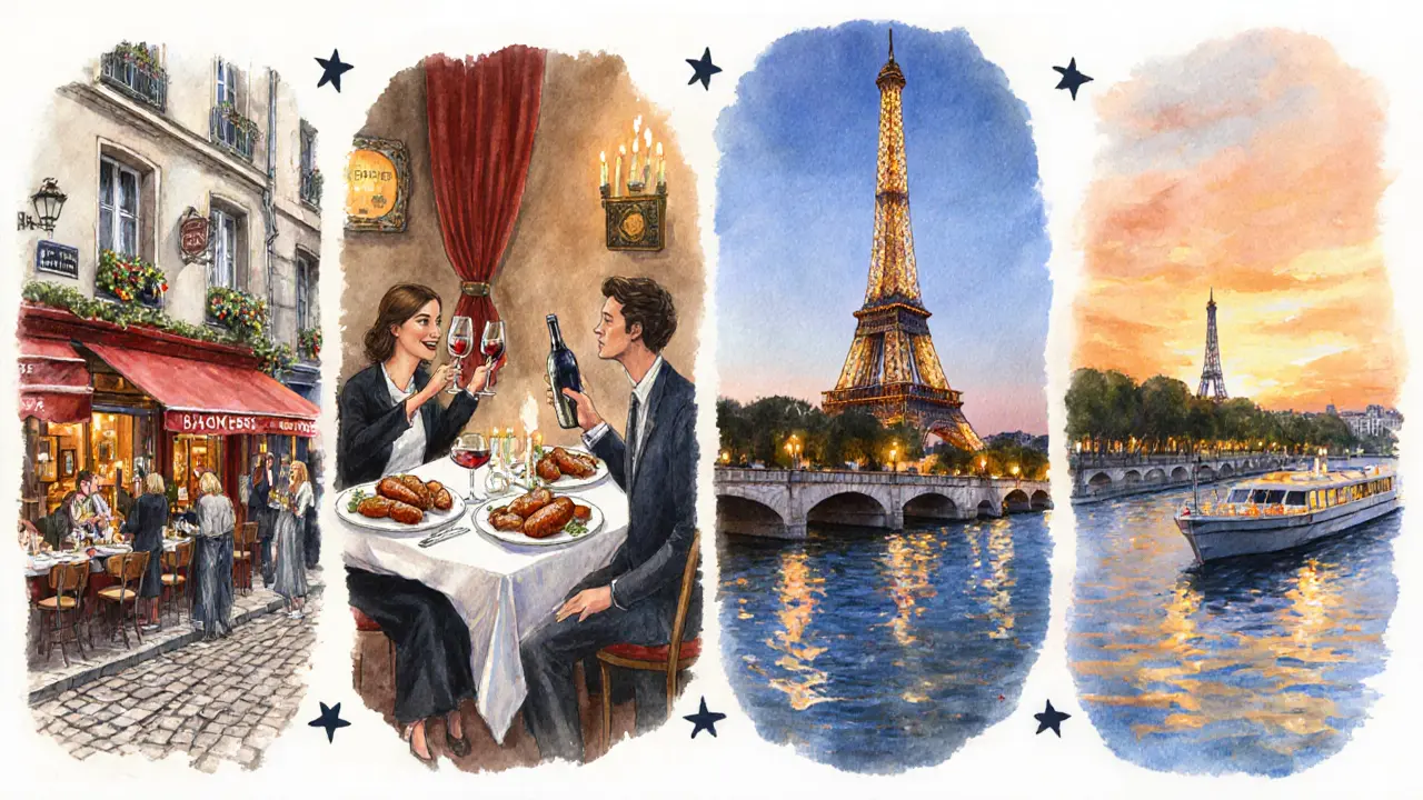 Watercolor of a Paris night itinerary: bar, dinner, Eiffel Tower, Seine cruise.