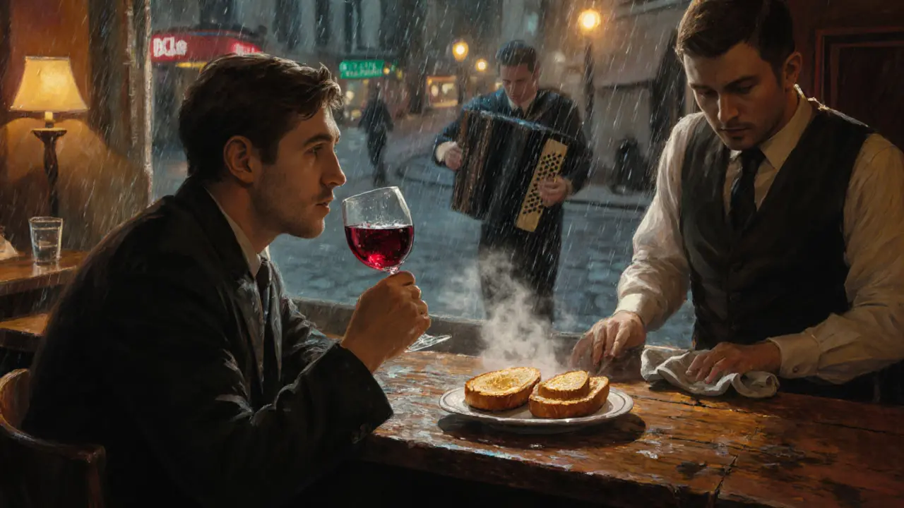 24-hour Paris brasserie at 3 a.m., lone patron sipping wine as bartender closes up, rain on window, accordionist playing outside in alley.