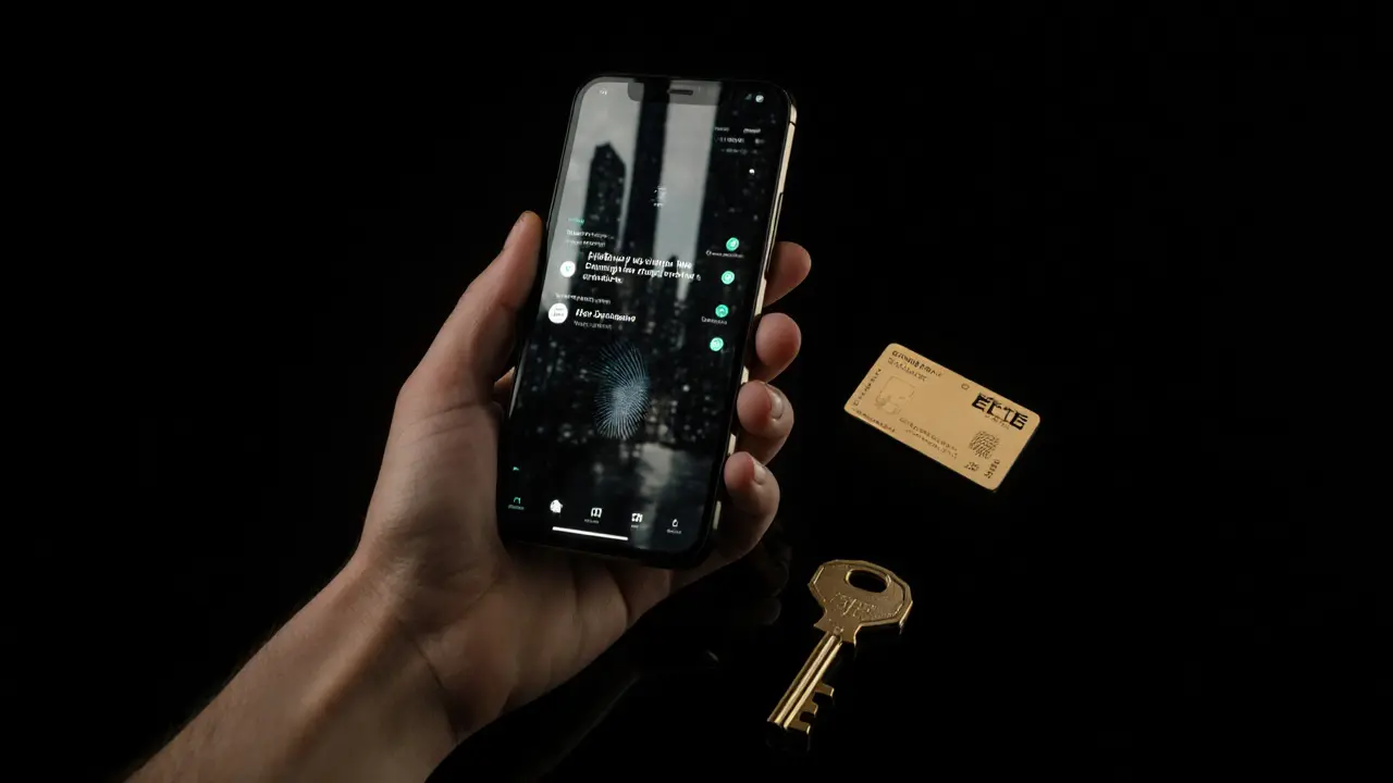 A burner phone with encrypted messages and a gold keycard, symbolizing discreet access.