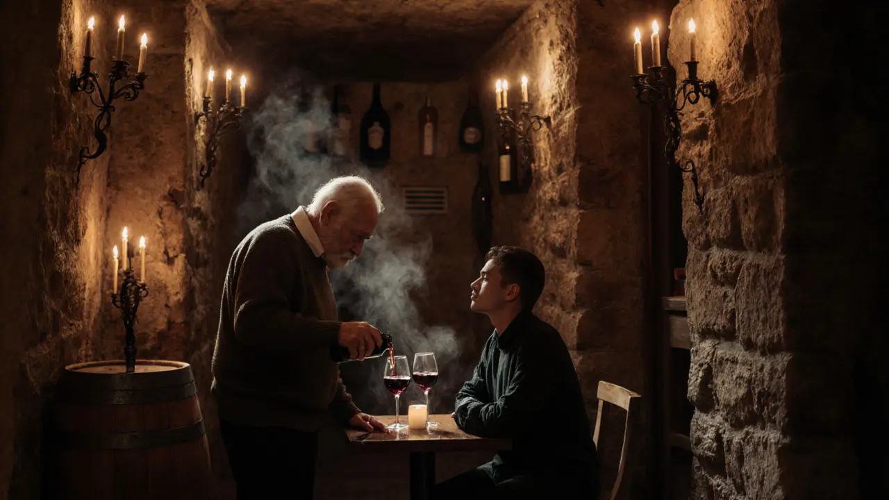 A candlelit wine cellar at dawn with an elderly man pouring wine for two quiet patrons among wooden barrels and stone walls.