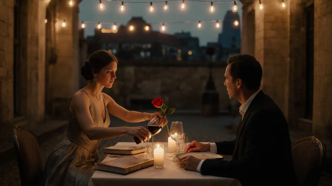 A couple enjoying a private wine dinner in a hidden Berlin courtyard at night.