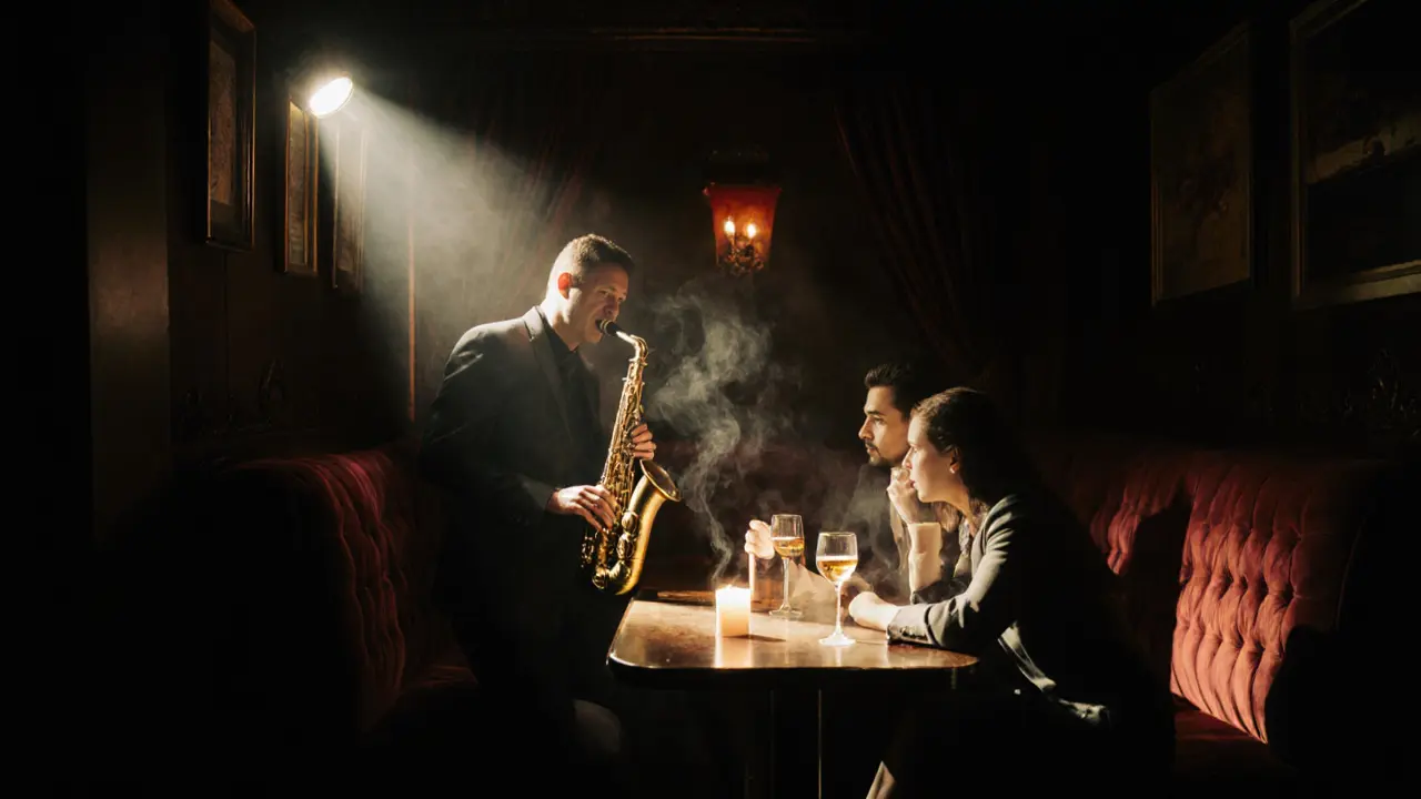A couple listening to live jazz in a intimate club, bathed in soft spotlight and candlelight.