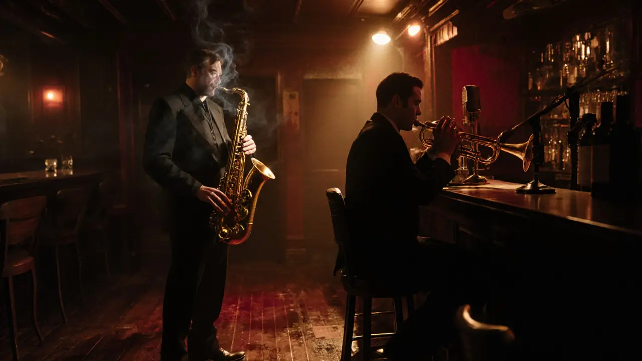 A cozy jazz club with a saxophonist playing, dim lights, and a patron caught in the moment of a live solo.