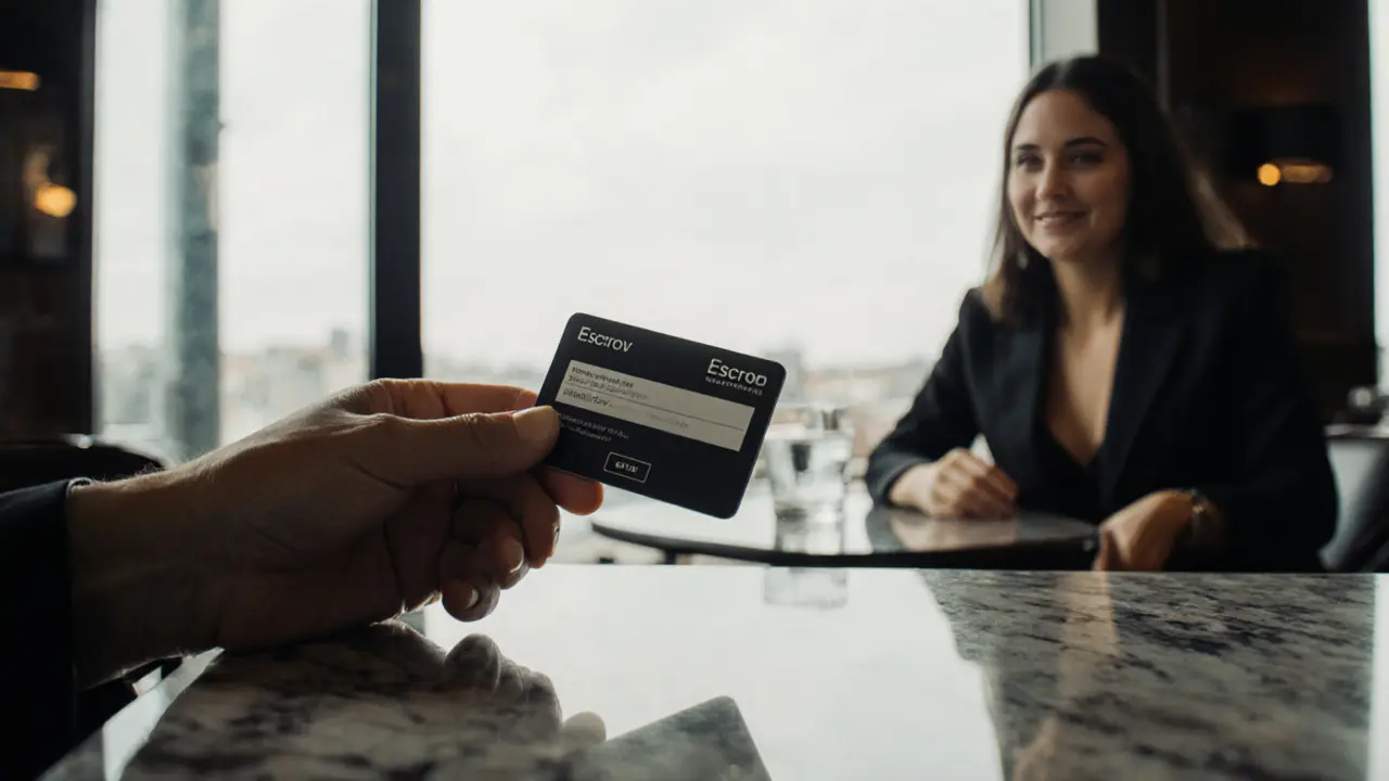 A credit card being placed on a marble counter with a payment confirmation reflected nearby.
