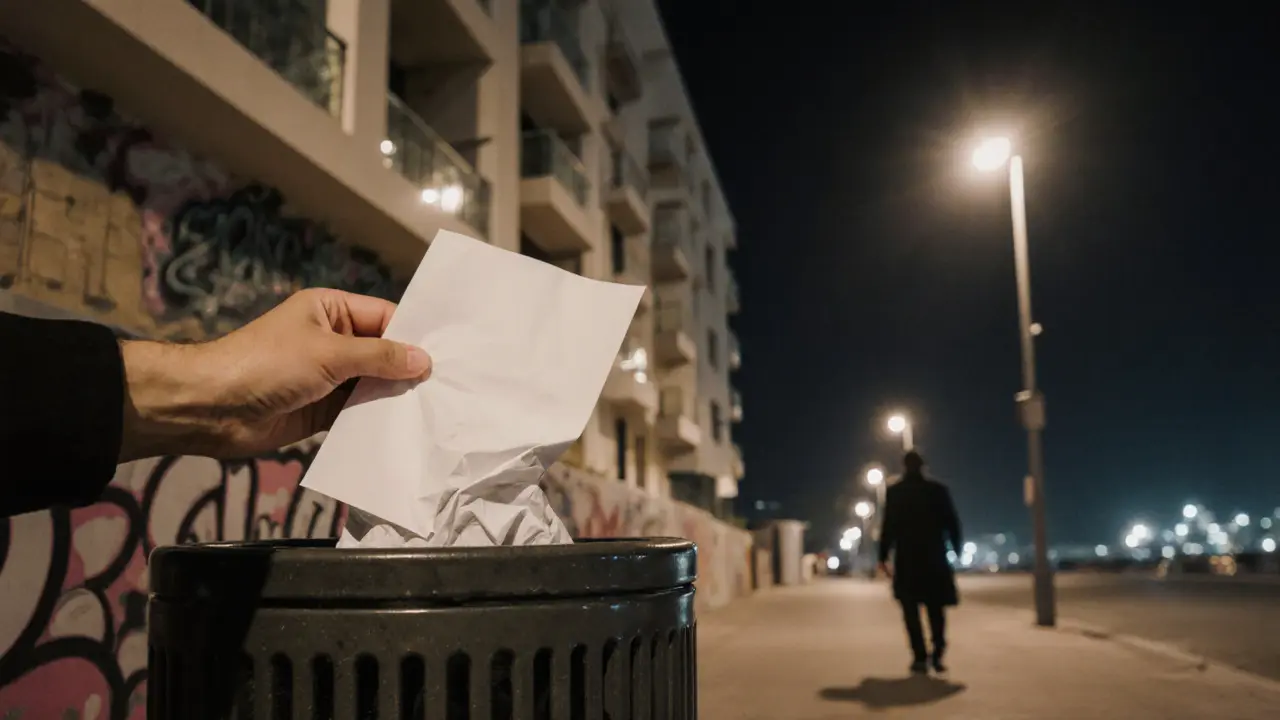 A crumpled flyer being thrown away beside a Dubai apartment building at night.