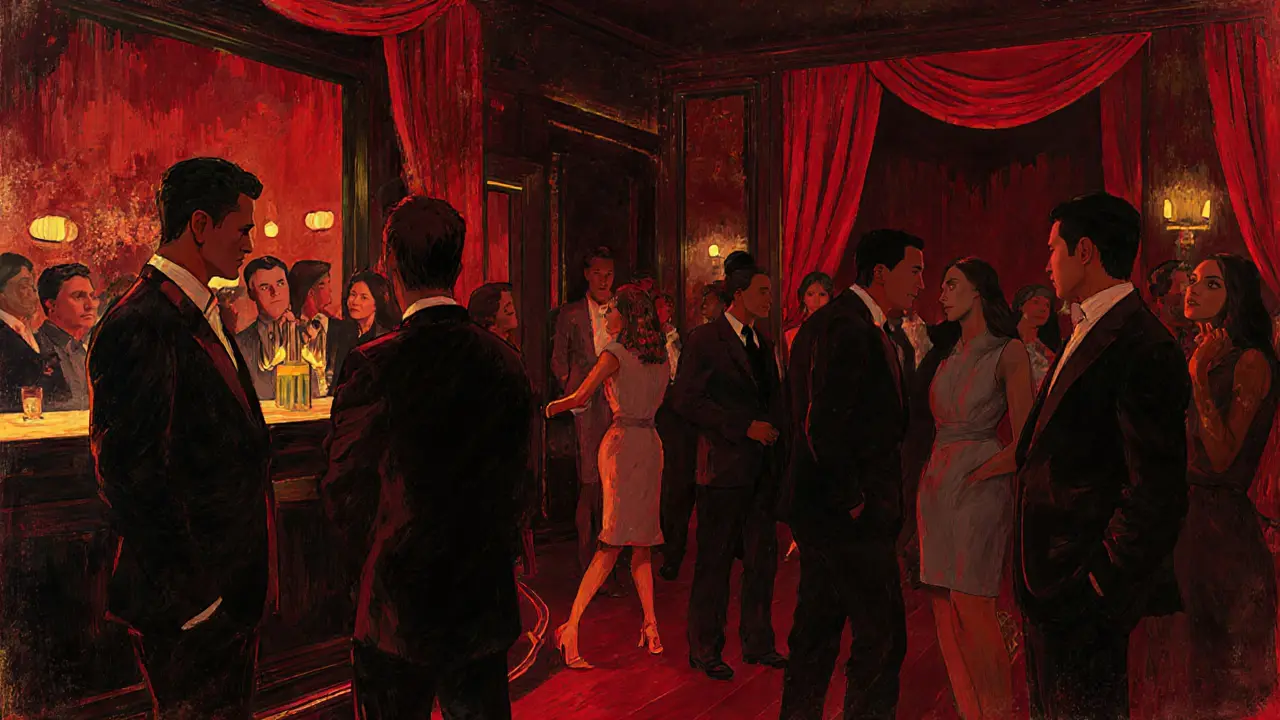 A dimly lit nightclub with red and gold lighting, sophisticated crowd in formal attire, minimal sound waves visible in the air, bouncer standing near an unmarked door.